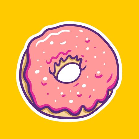 Pink Donut. Hand draw vector illustration. Isolated on yellow background.のイラスト素材