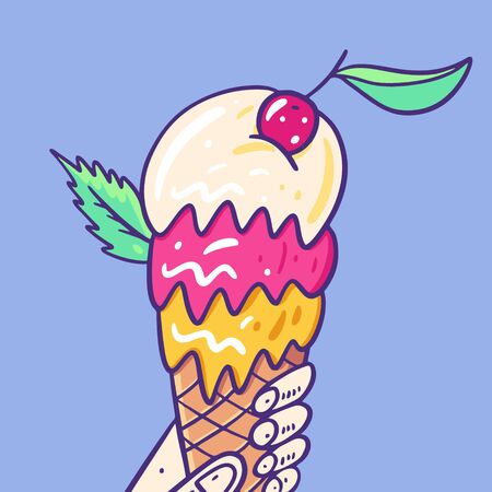 Sweet colorful ice cream with cherry and mint in waffle cup. Hand drawn vector illustration. Isolated on blue background.のイラスト素材