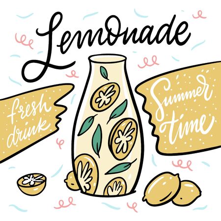 Summer Lemonade. Lemon, mint in a decanter. Vector illustration. Cartoon style. Isolated on white background.のイラスト素材