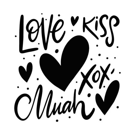 Love, kiss, xoxo, muah. Lettering phrases. Black ink.のイラスト素材