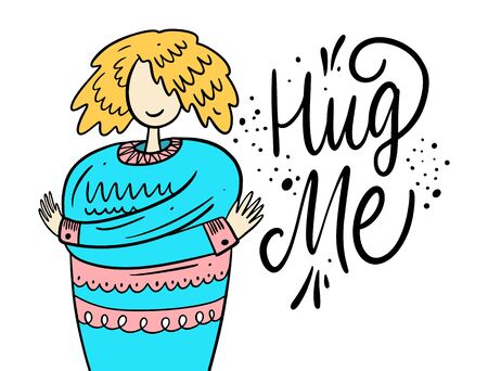 Hug me. Girl hugs herself.のイラスト素材
