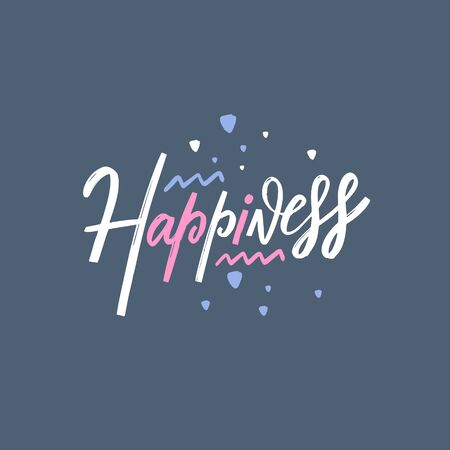 Happiness sign hand drawn lettering. Isolated on blue background. Vector illustration.のイラスト素材