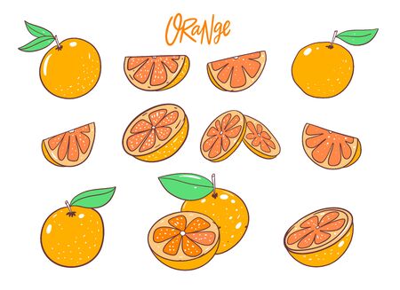 Fresh Orange big set collection. Fruit whole and slice. Vector illustration in cartoon style. Isolated on white background. Design for poster, banner, menu, market and web.のイラスト素材