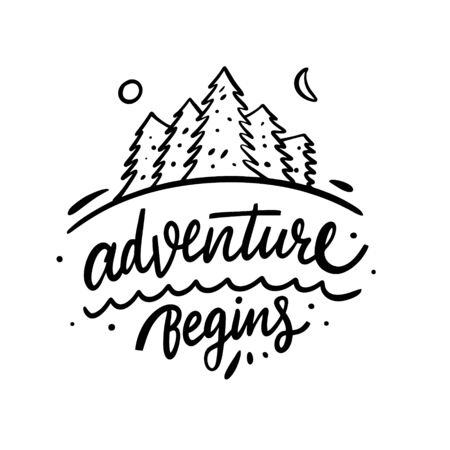 Adventure begins lettering phrase and landscape. Modern calligraphy. Black ink. Vector illustration.のイラスト素材