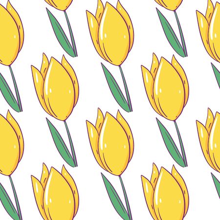 Yellow tulip seamless pattern. Hand drawn vector illustration. Cartoon style.のイラスト素材