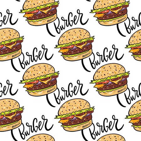 Burger seamless pattern. Hand drawn vector illustration. Cartoon style. Isolated on white background.のイラスト素材