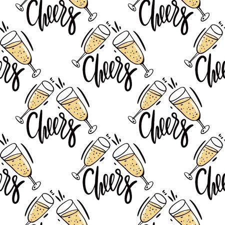 Cheers caption with hand drawn wine or champagne glasses. Seamless pattern. Hand drawn vector illustration and lettering.のイラスト素材