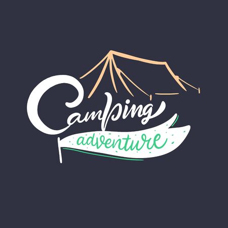 Camping Adventure. Modern calligraphy. Lettering phrase. Vector illustration. Isolated on black background.のイラスト素材