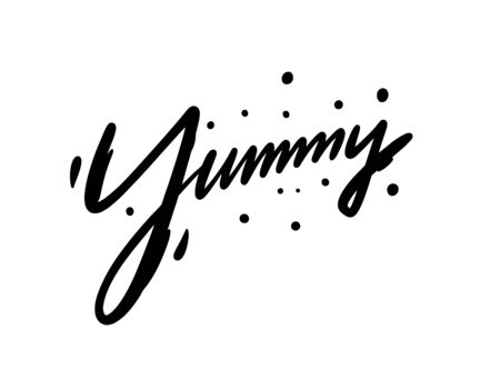 Yummy sign. Hand drawn lettering. Black ink. Vector illustration. Isolated on white background. Design for sign, template, banner, poster, card, t-shirt, blog and web.のイラスト素材