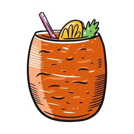 Orange cocktail with mint and lemon in glass. Hand drawn flat style. Cartoon vector illustration. Isolated on white background.のイラスト素材