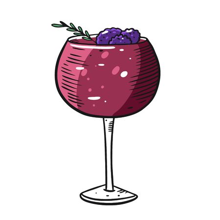 Cocktail with blackberry in glass. Hand drawn flat style. Cartoon vector illustration. Isolated on white background.のイラスト素材