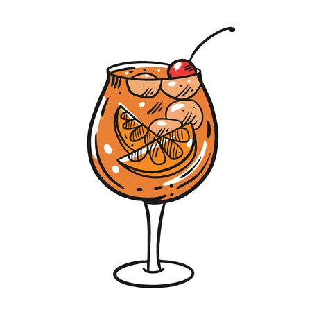 Cocktail with cube ice, orange and cherry. Hand drawn flat style. Cartoon vector illustration. Isolated on white background.のイラスト素材
