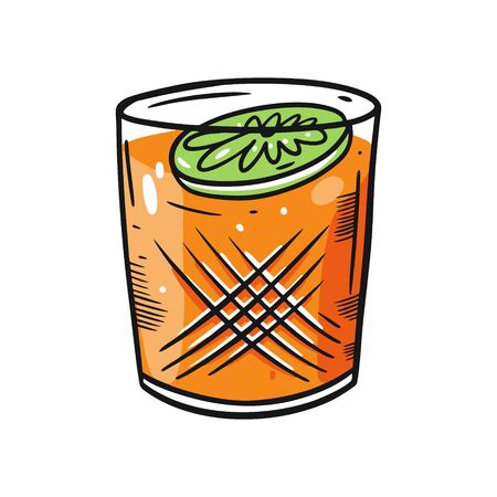 Lime and Orange alcohol cocktail. Hand drawn flat style. Cartoon vector illustration. Isolated on white background.のイラスト素材
