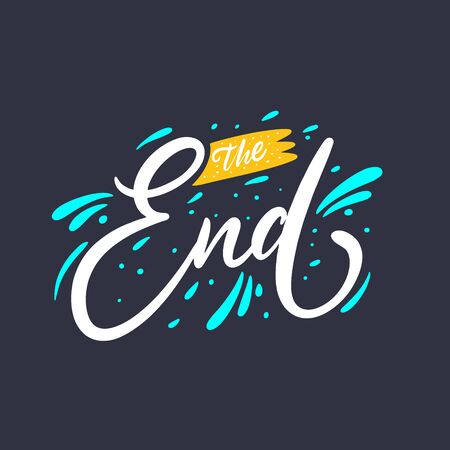 The End. Hand drawn lettering phrase. Colorful vector illustration. Isolated on black background.のイラスト素材