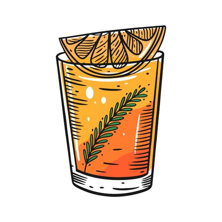 Orange with rosemary alcohol cocktail. Flat Style. Colorful cartoon vector illustration. Isolated on white background. Design for menu, bar, cafe, poster and t-shirt.のイラスト素材