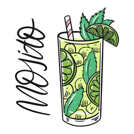 Classic Mojito alcohol cocktail. Flat Style. Colorful cartoon vector illustration. Isolated on white background. Design for menu, bar, cafe, poster and t-shirt.のイラスト素材