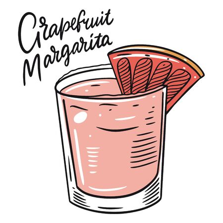 Grapefruit Margarita. Summer cocktail. Colorful cartoon vector illustration. Isolated on white background. Design for menu, bar, cafe, poster and t-shirt.のイラスト素材