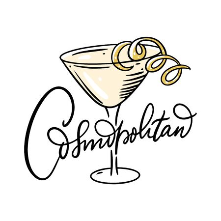 Cosmopolitan yellow cocktail. Flat style. Colorful cartoon vector illustration. Isolated on white background. Design for menu cafe and bar.のイラスト素材