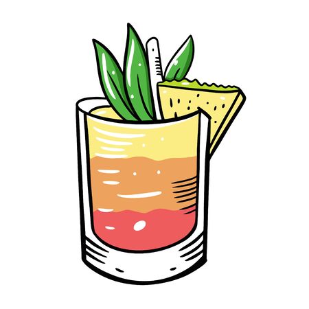 Alcohol cocktail with pineapple. Summer drink. Flat style. Colorful cartoon vector illustration. Isolated on white background. Design for menu cafe and bar.のイラスト素材