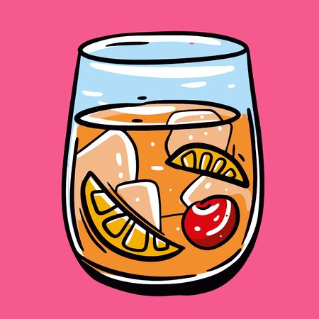 Orange alcohol cocktail with cherry bar. Cartoon flat vector illustration. Isolated on pink background. Design for menu cafe and bar.のイラスト素材