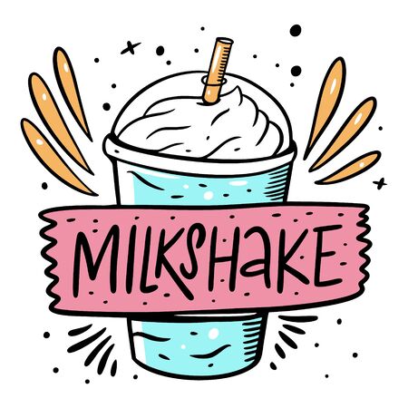 Blue Milkshake and lable sign. Cartoon style vector illustration. Isolated on white background. Design for banner, poster, card and print.のイラスト素材