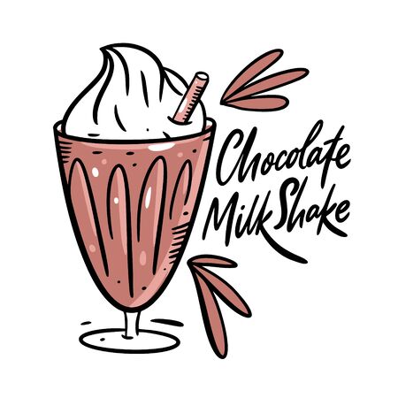 Chocolate Milkshake with lettering. Vector illustration. Isolated on white background. Design for banner, poster, card and print.のイラスト素材
