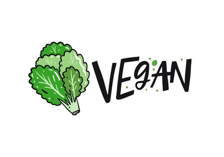 Lettuce vector illustration and vegan lettering. Isolated on white background. Design for banner, poster, card and print.のイラスト素材