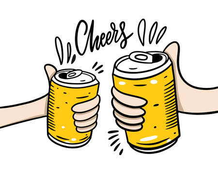 Beer aluminum can. Hand drawn vector illustration. Cheers lettering phrase. Cartoon style. Isolated...
