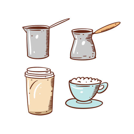 Coffee pot, paper cup and blue cup. Hand drawn sketch. Line art style. Vector illustration. Isolated on white background.のイラスト素材