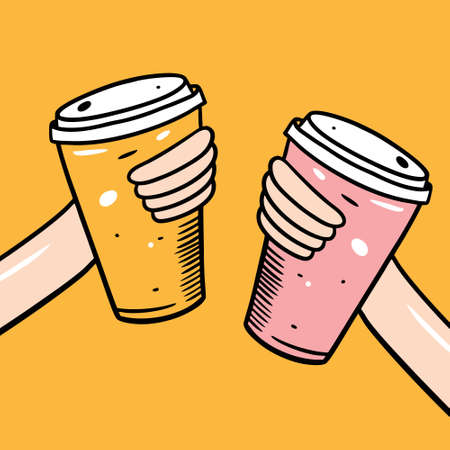 Coffee paper cup in hands. Hand drawn sketch. Line art style. Vector illustration. Isolated on yellow background.のイラスト素材