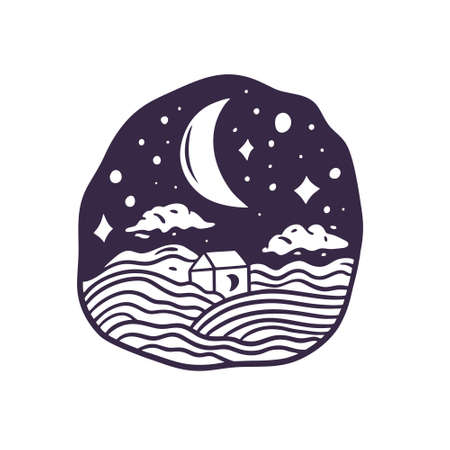 Moon and house on the firld. Cartoon style. Hand drawn vector illustration. Isolated on white background.のイラスト素材