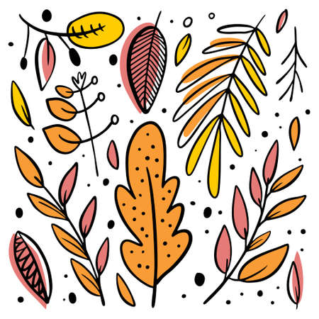 Autumn leaves set. Cartoon style. Doodle vector illustration. Isolated on white background. Design for card, web and print.のイラスト素材