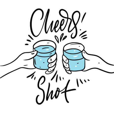 Cheers blue shot. Drink alcohol. Hand drawn vector illustration.のイラスト素材