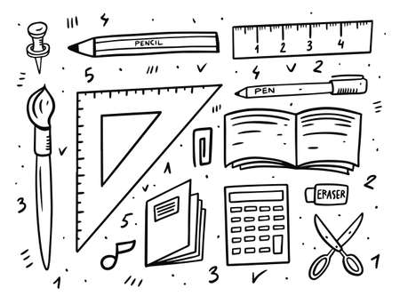 School elements tools. Doodle style vector illustration.のイラスト素材