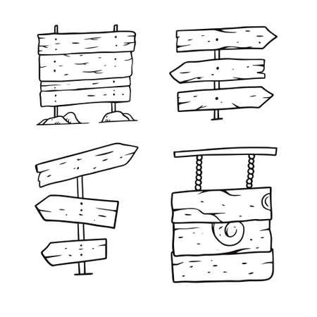 Wooden signs set. Cartoon hand draw coloring. Vector illustration.のイラスト素材