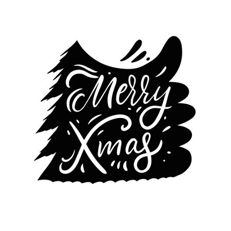 Merry Christmas phrase and christmas tree. Black and white colors.のイラスト素材