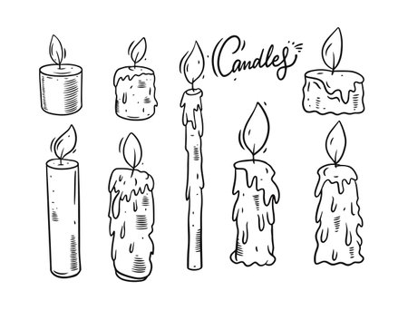 Hand drawing candles set. Black and white colors. Engraving style.のイラスト素材