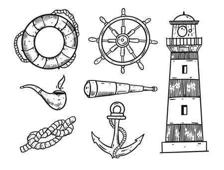 Sea elements set. Black color vector illustration.のイラスト素材