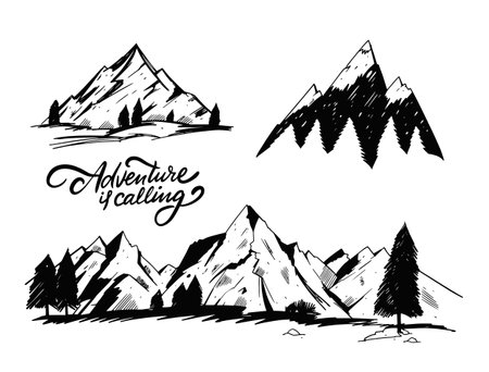 Hand draw mountains set. Engraving style. Vector illustration.のイラスト素材