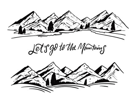 Mountains landscape. Black color engraving style. Vector illustration.のイラスト素材