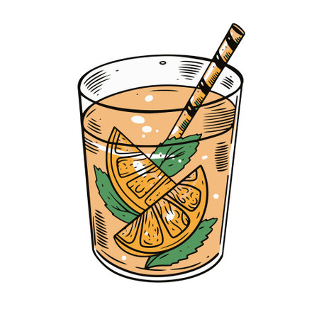 Colorful orange cocktail with tube and mint. Hand drawing sketch vector illustration.のイラスト素材