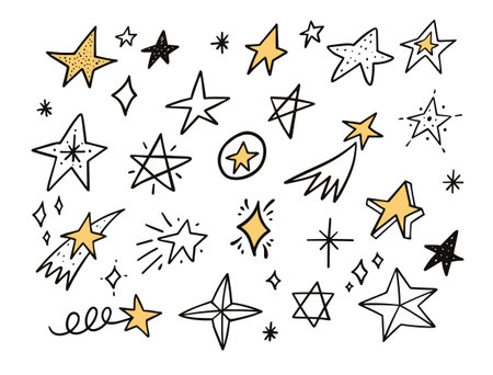 Hand drawn star doodle set icon. Black and yellow colors. Comic cartoon style.のイラスト素材