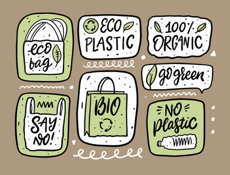 Eco, Organic and Natural doodle set elements. Hand drawn cartoon style.のイラスト素材
