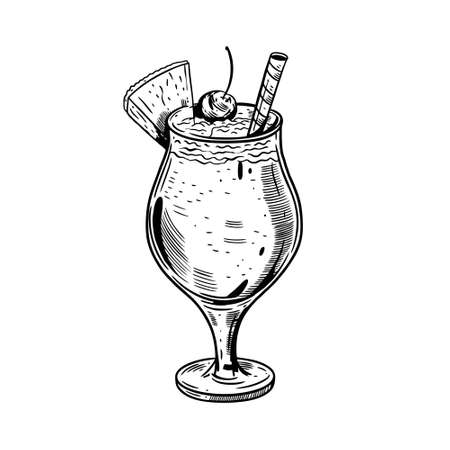 Hand drawn black color Pino colada cocktail. Vintage realistic sketch.のイラスト素材