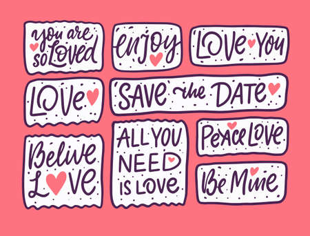 Love many phrases set. Hand drawn doodle lettering. Vector illustration.のイラスト素材