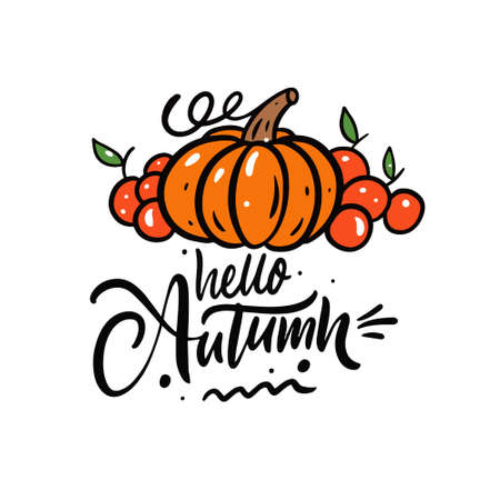 Hello autumn calligraphy phrase. Holiday season thanksgiving day. Pumpkin and apples vector illustration.のイラスト素材