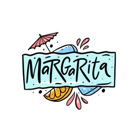 Margarita name. Hand drawn colorful vector illustration. Lettering text, lemon and ice cube.のイラスト素材