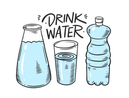 Drink water bottles set. Hand drawn line art vector illustration.のイラスト素材