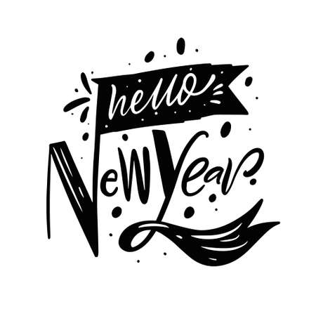 Hello New Year phrase. Hand drawn black color lettering. Vector illustration.のイラスト素材