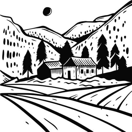 Village landscape hand drawn black color illustration. Vintage style.のイラスト素材